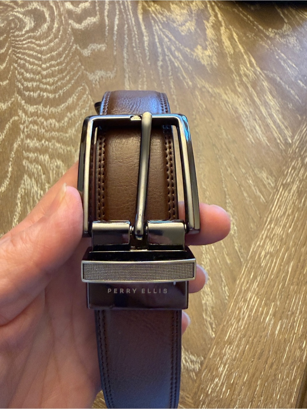 Perry Ellis Brown Black Leather Reversible Belt with Polished Gunmetal Buckle